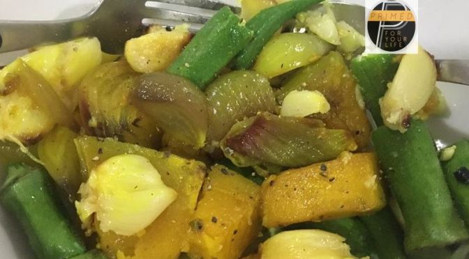 Recipe of Turmeric and VCO Roasted Squash and Red Onions with Roasted Garlic and Steamed Okra