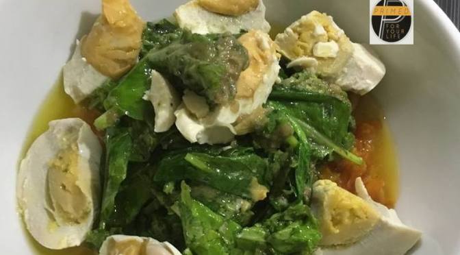 Primed Recipe of Leafy Greens, Home-made Tomato Sauce, Salted Duck Eggs and Organic VCO Bagna Caude Sauce